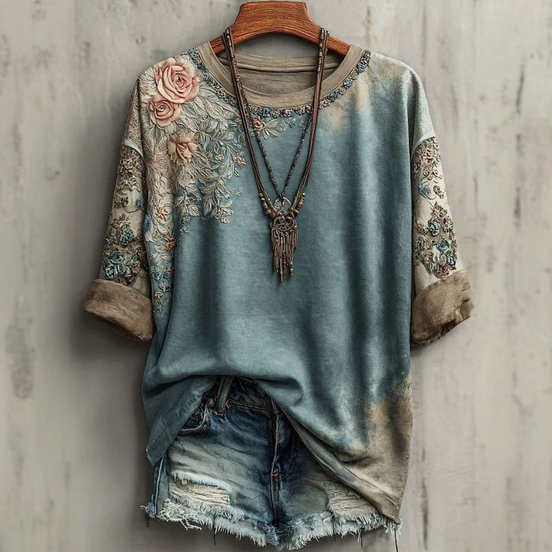 【Manches Longues】T-Shirt Vintage À Imprimé Floral