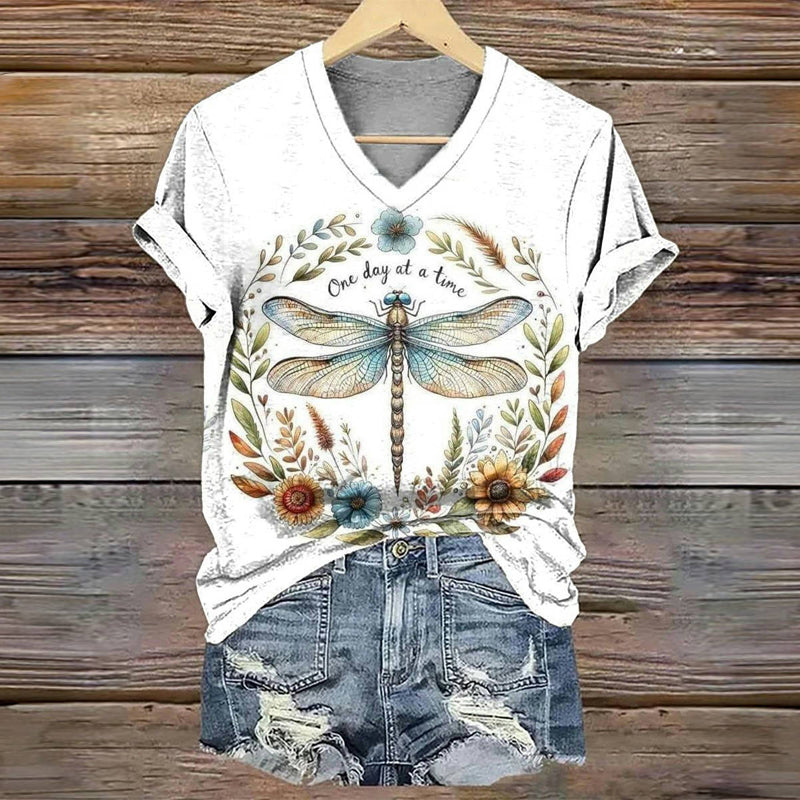 T-Shirt À Imprimé Libellule Vintage