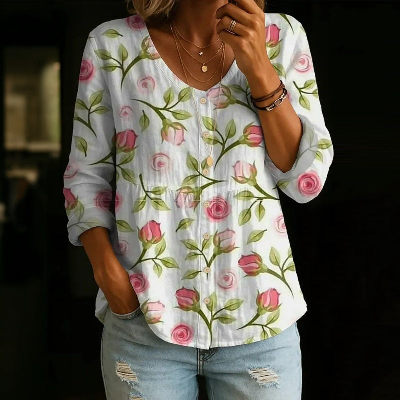 【Manches Longues】Chemisier Vintage À Imprimé Floral
