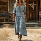 【Manches Longues】Robe Vintage À Imprimé Géométrique